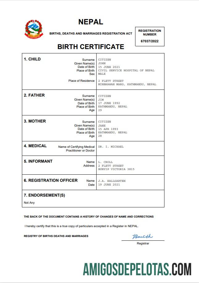 Imprimível modelo Word e PDF de certidão de nascimento do Nepal